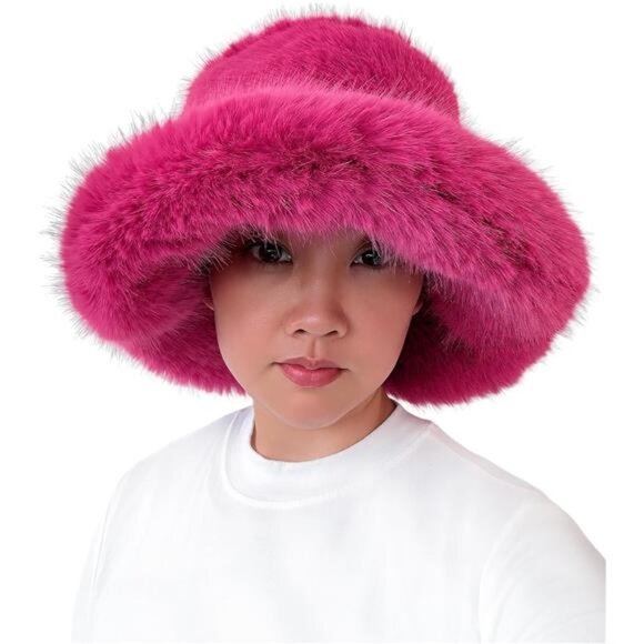 Oversized Winter Faux Fur Bucket Hat for Women Dark Pink - Picture 1 of 5